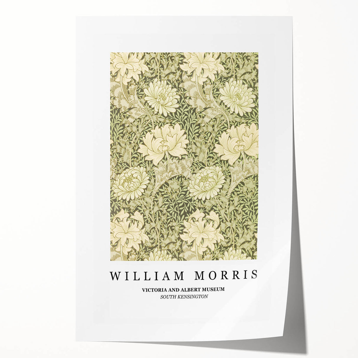 William Morris floral design on rolled print, featuring muted greens and pinks, ideal for dining room wall art.