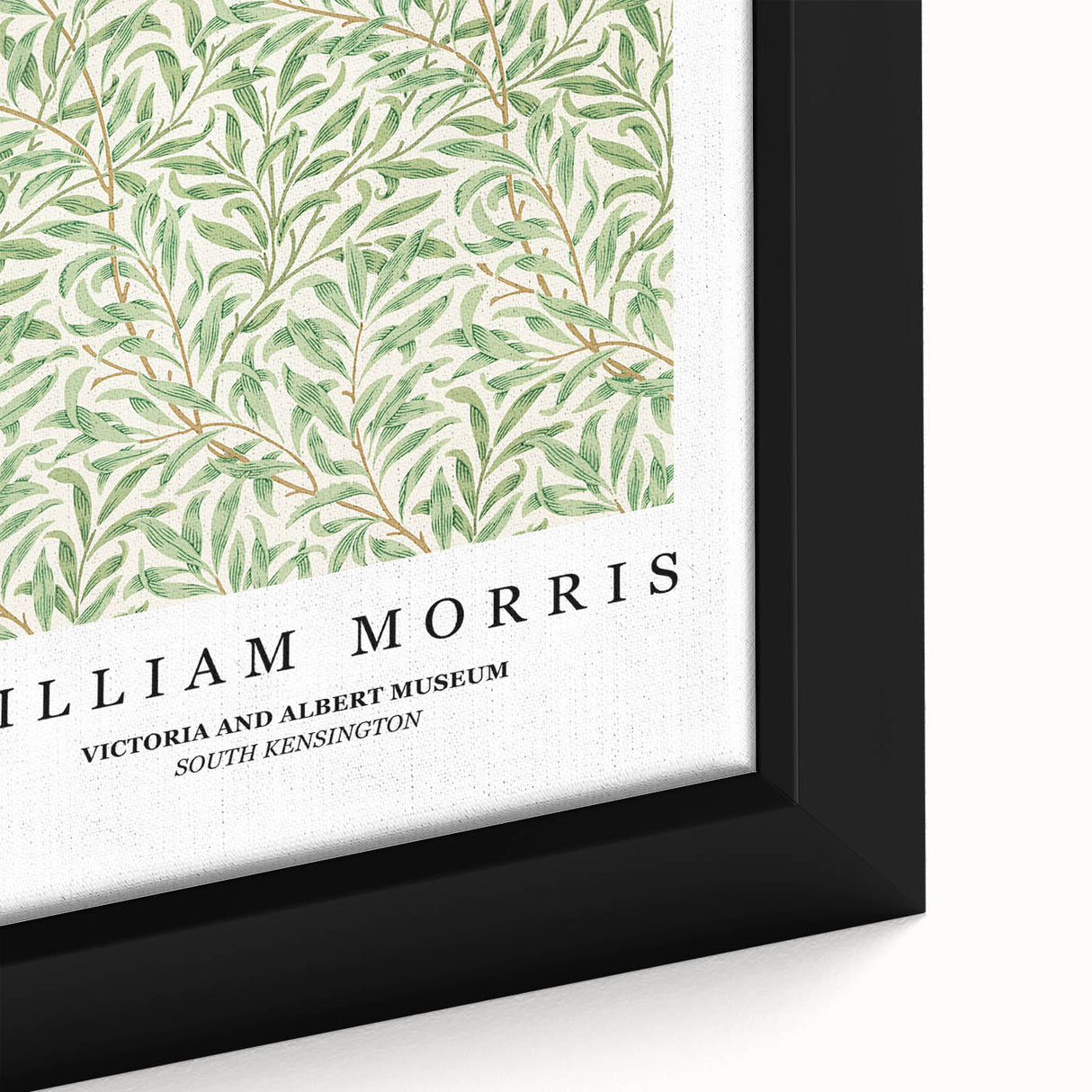 Close-up of a black framed canvas featuring a colorful, textured William Morris design, ideal for living room decor.