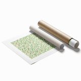 Extra large rolled print of William Morris floral design in muted greens and pinks.