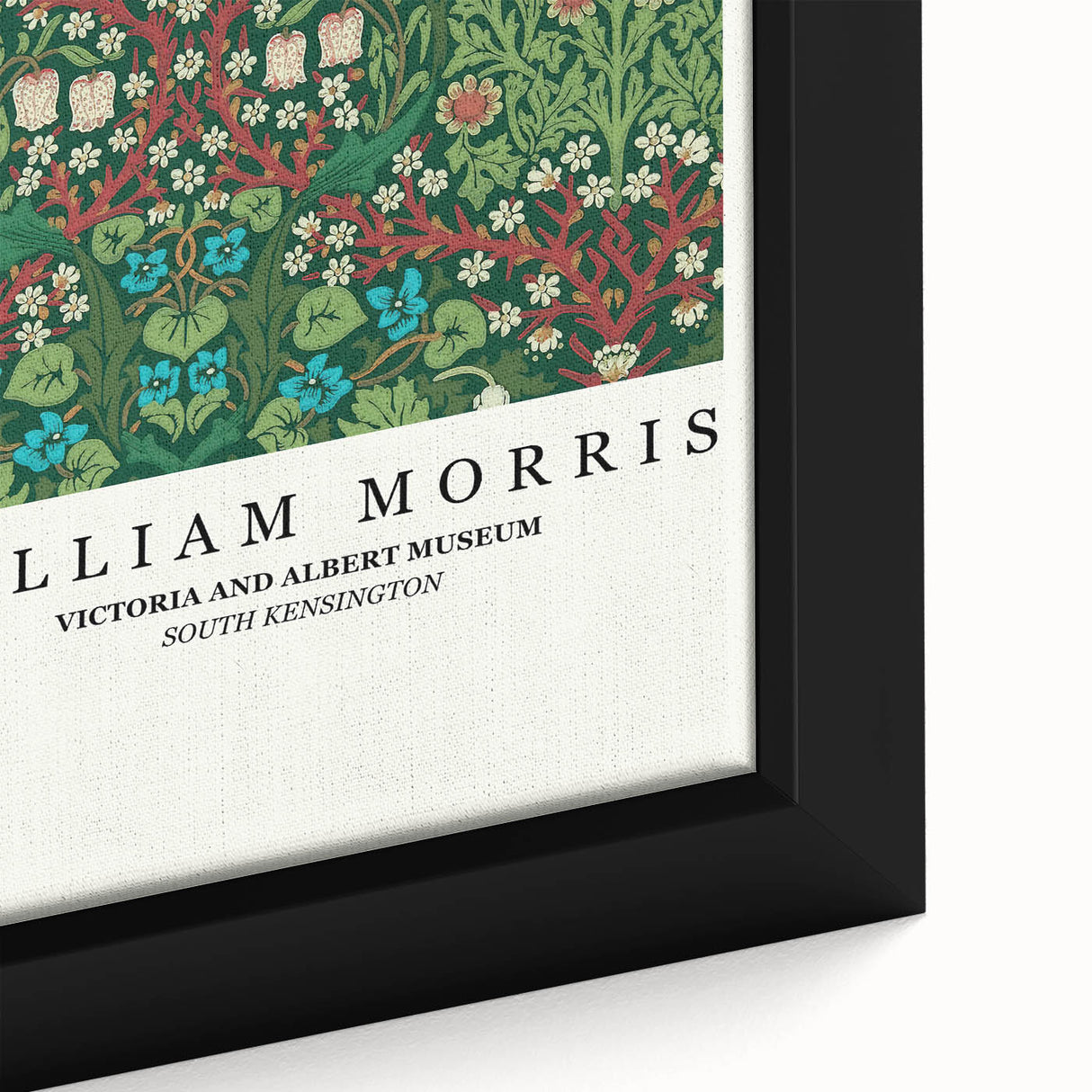 Extra large black wall art featuring a colorful, textured William Morris design on framed canvas.