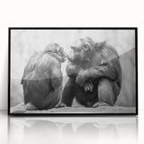 Framed wall art featuring a whimsical design of a monkey and chimpanzee, set against a sleek black frame, perfect for modern decor accents. Ideal for animal lovers and unique home styling.