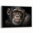 Framed canvas wall art showcasing a vibrant monkey and ape design, featuring a colorful chimpanzee illustration against a black background, perfect for modern decor.