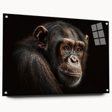 Acrylic glass wall art featuring a vibrant monkey and ape chimpanzee design, showcased from the side with mounting pins, ideal for jungle-themed decor.