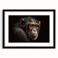 Framed wall art featuring a whimsical chimpanzee design in black and white, set against a sleek black mat and frame, perfect for modern decor.