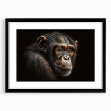 Framed wall art featuring a whimsical chimpanzee design in black and white, set against a sleek black mat and frame, perfect for modern decor.