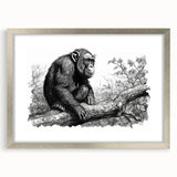 Framed wall art collection featuring a whimsical design of a monkey and chimpanzee in silver frame, showcasing vibrant colors and playful details, ideal for animal lovers.