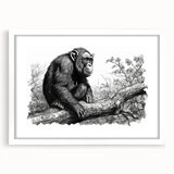 Framed wall art featuring a playful monkey and chimpanzee design, set against a white mat, perfect for adding a whimsical touch to any decor. Ideal for animal lovers and modern interior designs.
