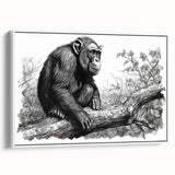 Framed canvas wall art featuring a playful chimpanzee design, showcasing vibrant colors and detailed textures against a sleek white background, perfect for animal lovers.