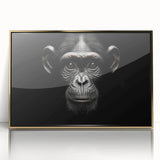 Framed wall art featuring a stylish illustration of a monkey and ape chimpanzee design, with a gold-acrylic finish, perfect for modern decor.