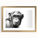 Framed wall art featuring a whimsical design of a monkey and ape chimpanzee, set against a gold mat, perfect for modern decor enthusiasts.