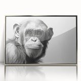Framed wall art collection showcasing a stylized chimpanzee design in vibrant colors, featuring a sleek silver frame and acrylic front for a modern touch. Perfect for animal lovers and contemporary decor enthusiasts.