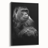 Framed canvas wall art featuring a striking design of a monkey and ape gorilla, presented in a sleek black frame, showcasing vibrant colors and intricate details, perfect for animal-themed decor.