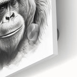Close-up of a vibrant wall art piece featuring a stylized monkey and ape design, printed on acrylic glass, showcasing intricate details and bold colors, ideal for modern decor.