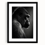 Framed wall art featuring a striking design of a monkey and ape gorilla in a modern black frame with a mat, perfect for contemporary home decor.