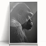 Framed wall art featuring a detailed illustration of a monkey and ape gorilla design, presented in a sleek white frame, ideal for modern decor. Perfect for animal lovers and nature enthusiasts.