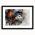 Framed wall art featuring a detailed orangutan design with vivid colors, displayed in a sleek black frame, ideal for animal lovers and modern decor.