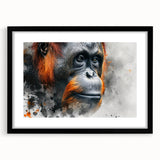 Framed wall art featuring a detailed orangutan design with vivid colors, displayed in a sleek black frame, ideal for animal lovers and modern decor.