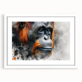 Framed wall art featuring a vibrant orangutan design, showcasing bold colors against a white mat background, perfect for nature-themed decor.