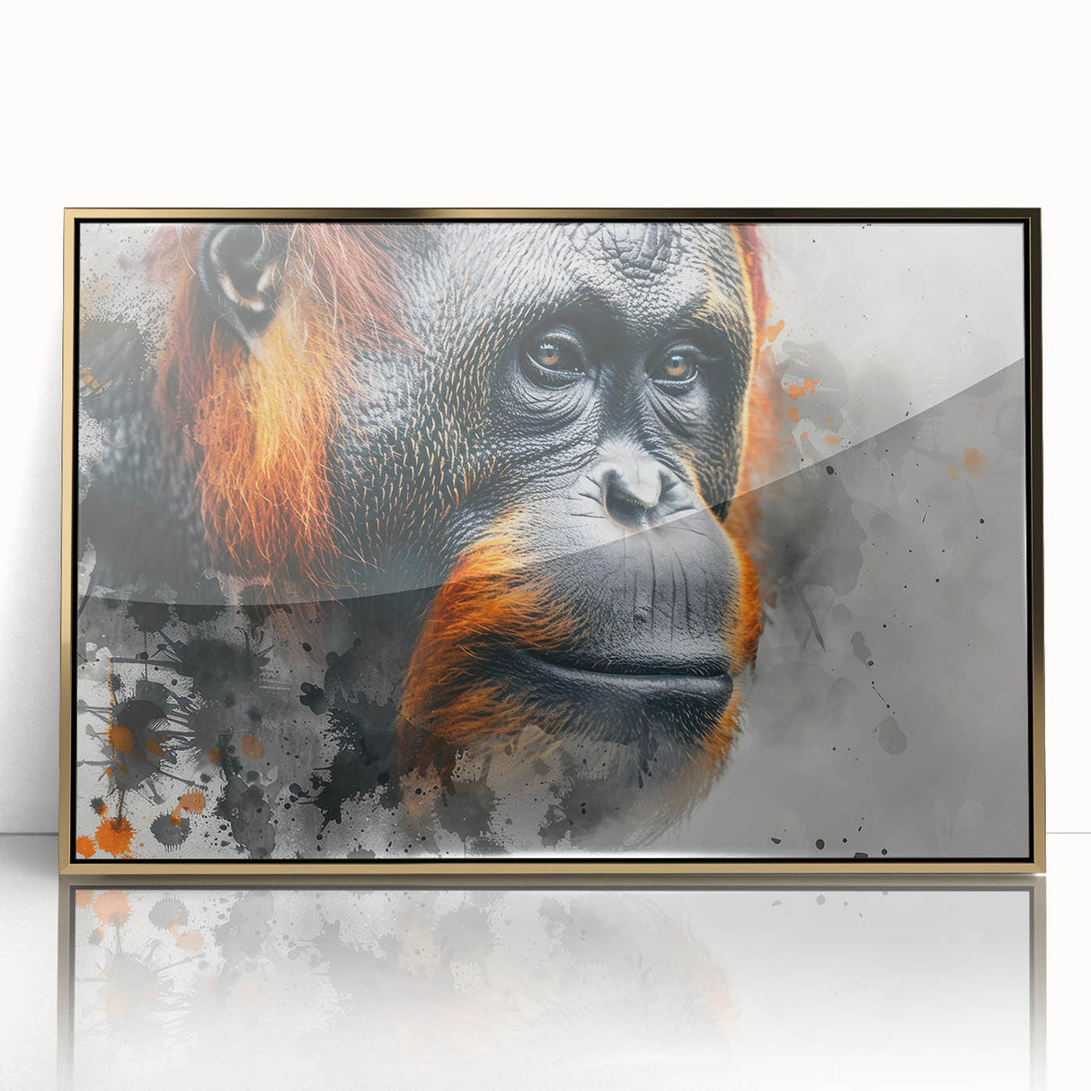 Framed wall art featuring a vibrant orangutan design with gold acrylic accents, showcasing a playful monkey and ape collection against a sleek backdrop.