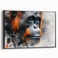 Framed canvas wall art featuring a vibrant orangutan design from the Monkey and Ape collection, showcased with a sleek black frame, ideal for animal lovers and modern decor.