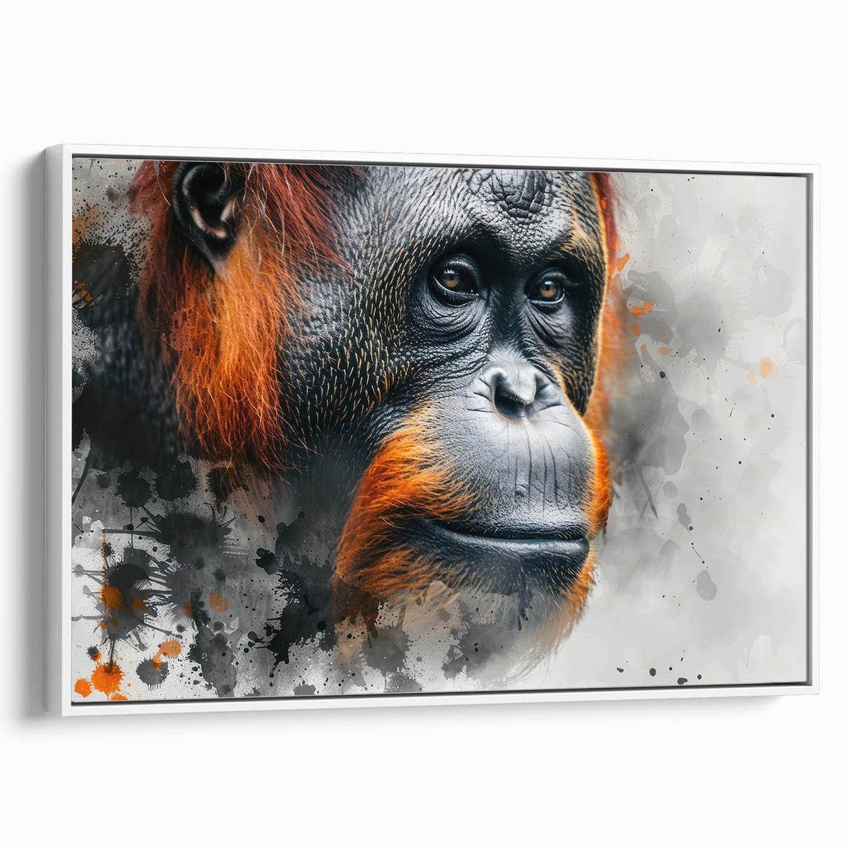 Framed wall art featuring a vibrant orangutan design, set against a white background. The canvas showcases detailed textures and colors, ideal for wildlife enthusiasts.