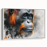 Framed wall art featuring a vibrant orangutan design, set against a white background. The canvas showcases detailed textures and colors, ideal for wildlife enthusiasts.