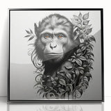 Framed wall art featuring a vibrant orangutan design in black acrylic, showcasing intricate details and colors, perfect for animal lovers and modern décor.