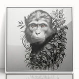 Framed wall art featuring a vibrant orangutan design with a white acrylic frame, showcasing intricate details and a modern aesthetic, ideal for nature lovers.