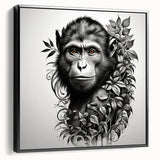 Framed canvas wall art featuring a vibrant orangutan design in rich colors, showcasing a black frame and a side view, perfect for wildlife enthusiasts and home decor.