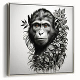 Framed wall art featuring a detailed design of a monkey and an orangutan, showcased in a sleek silver frame, ideal for adding a touch of nature-inspired decor to any modern living space.