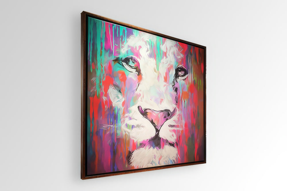 Canvas print set in a dark wood floating frame