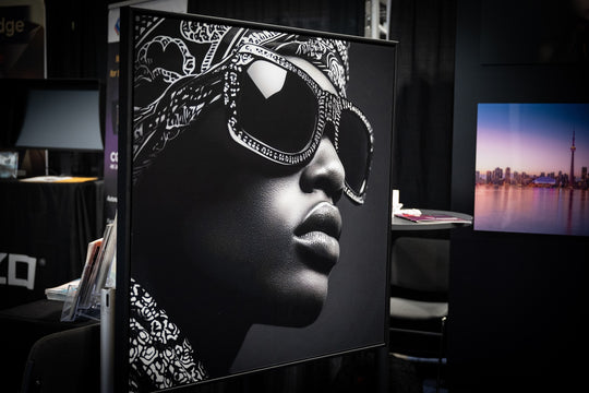 Black and white portrait on HD metal in a black frame