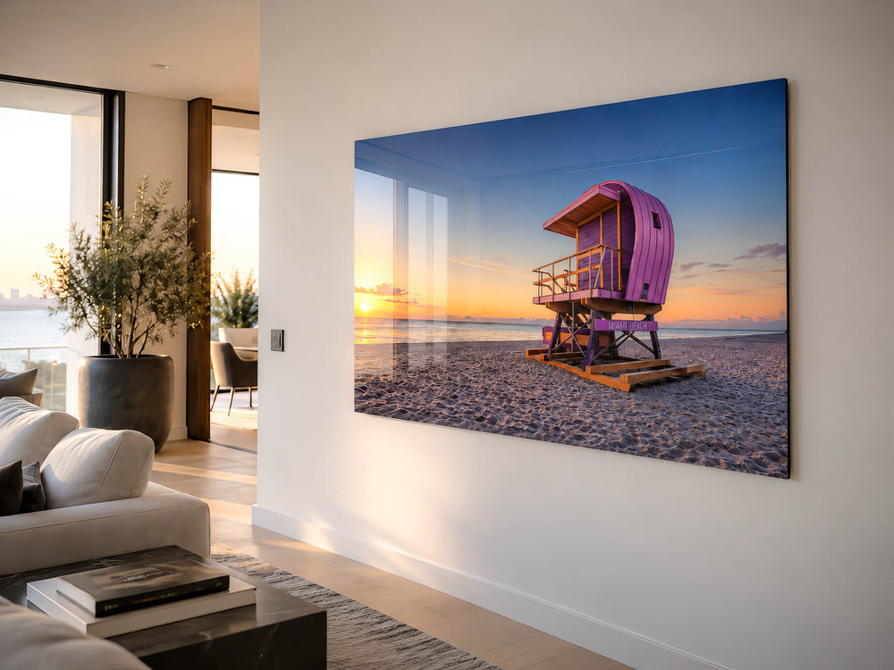 HD metal print of a beach lifeguard tower in a modern living room