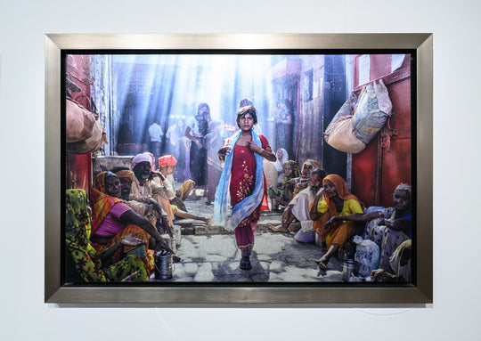 Colorful print in a silver frame