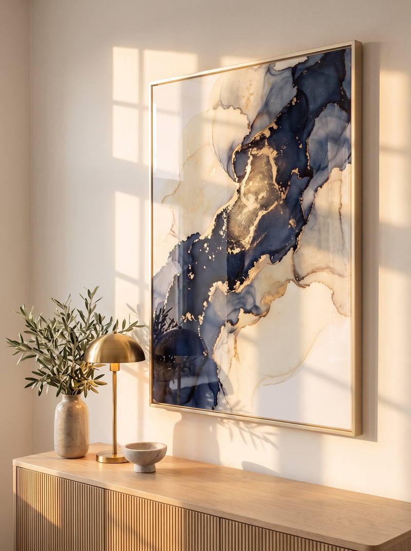 Framed acrylic print of a navy and gold abstract in a slim gold frame above an oak sideboard