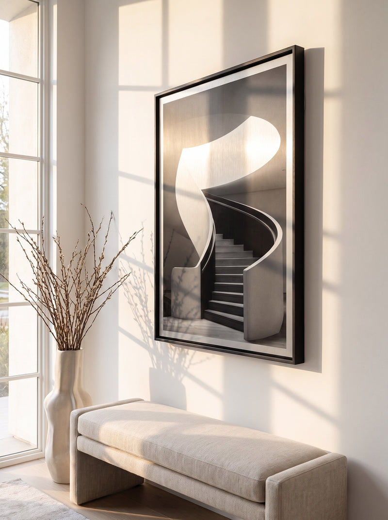 Framed brushed metal print of a black and white spiral staircase above an upholstered bench