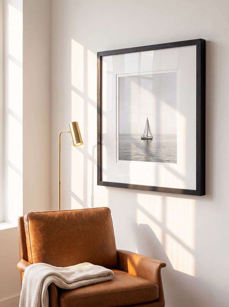 Framed photo print of a sailboat on a calm sea with a white mat in a black frame above a leather chair