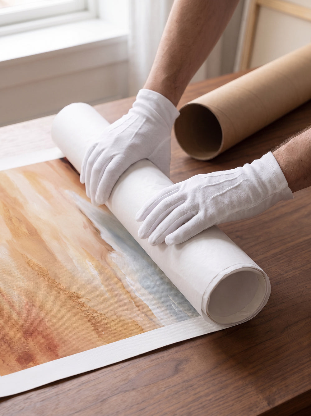 Gloved hands carefully rolling a canvas print before it goes into a shipping tube