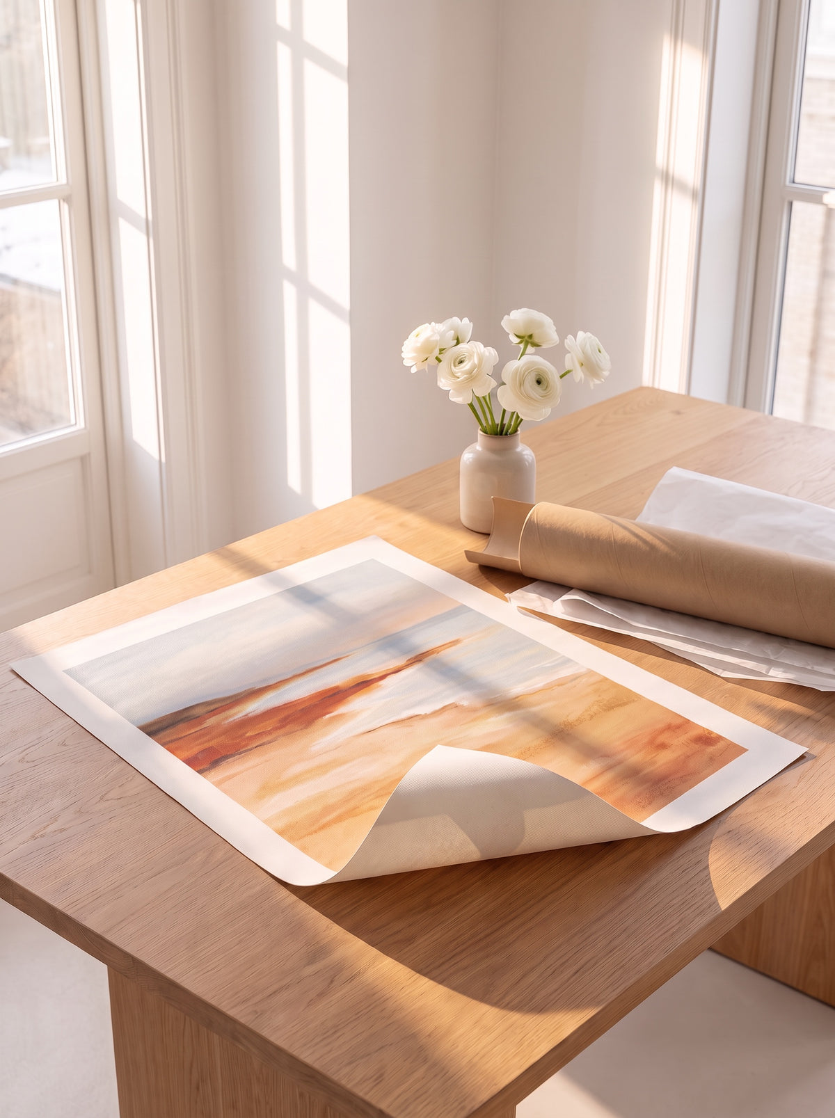 Rolled canvas print of a warm abstract seascape with a white border on an oak table beside a shipping tube