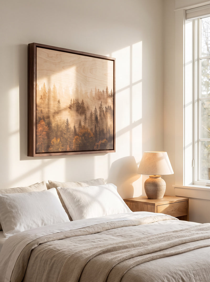 Wood print of a misty pine forest in a walnut floating frame above a bed in a sunlit bedroom