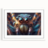 Abstract art print of birds in muted earth tones on a white framed mat, suitable for dining room decor.