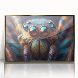 Large art print of a mid-century modernist bird design in gold and black tones, acrylic framed.