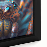 Close-up of a bird on black canvas, highlighted with colorful, textured brush strokes, ideal for living room decor.