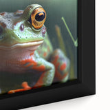 Close-up of a colorful bird on black textured canvas, ideal for extra large living room wall art.