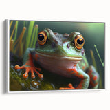 Vintage poster art of colorful birds on a black background, framed canvas, ideal for living room decor.