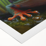 Art deco poster of a vibrant, multicolored bird on a rolled canvas, suitable for dining room decor.