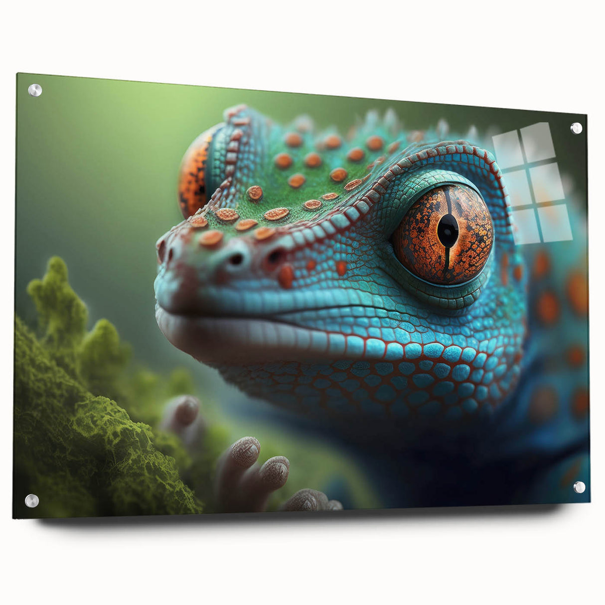 Close-up of a bird in vibrant colors on an acrylic print, suitable for bedroom or dining room wall decor.