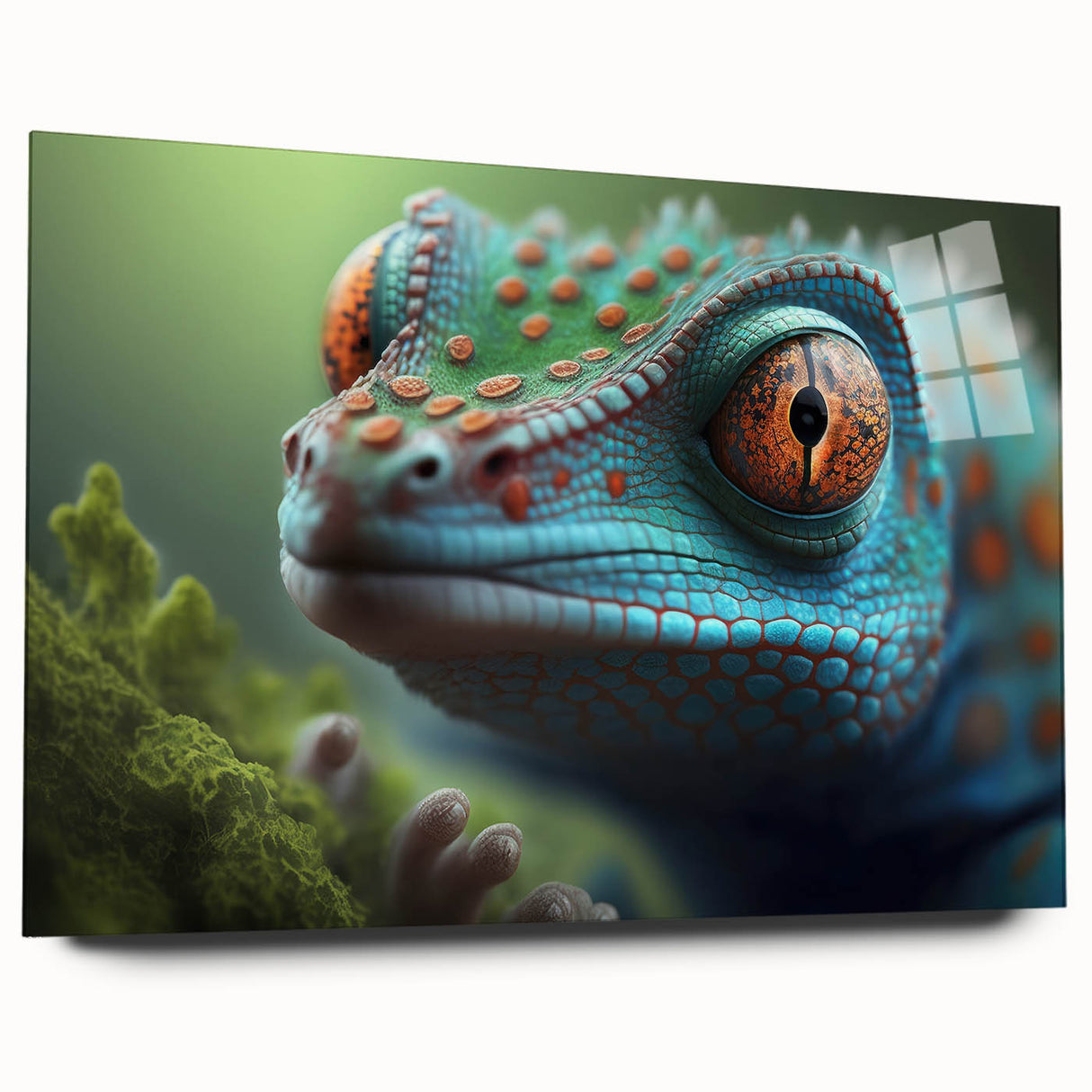 Large abstract wall art featuring a close-up of a bird in vibrant blue and green tones on acrylic glass.