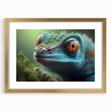 Extra large abstract art print of a bird, featuring textured brush strokes in vibrant hues on a gold-framed canvas.