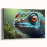 Framed canvas featuring a vintage poster of a colorful landscape with birds, set against a black background.